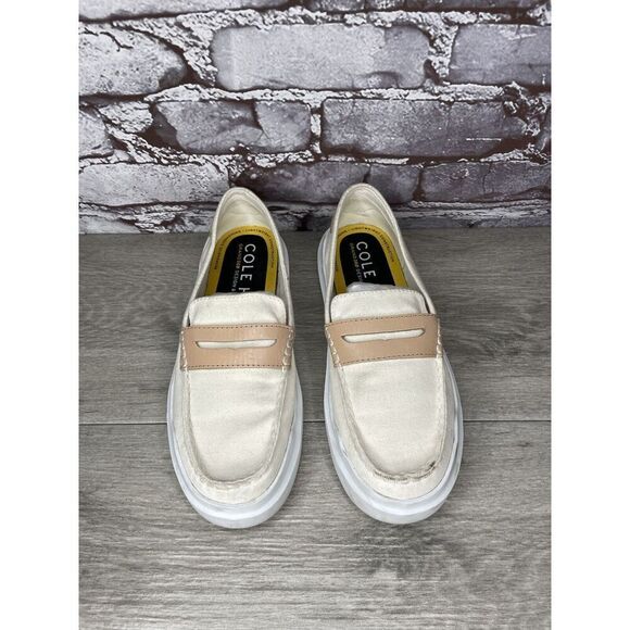 Cole Haan White Canvas Fabric Tan Penny Casual Slip On Shoes Women 6.5M US/37EU - Picture 2 of 16